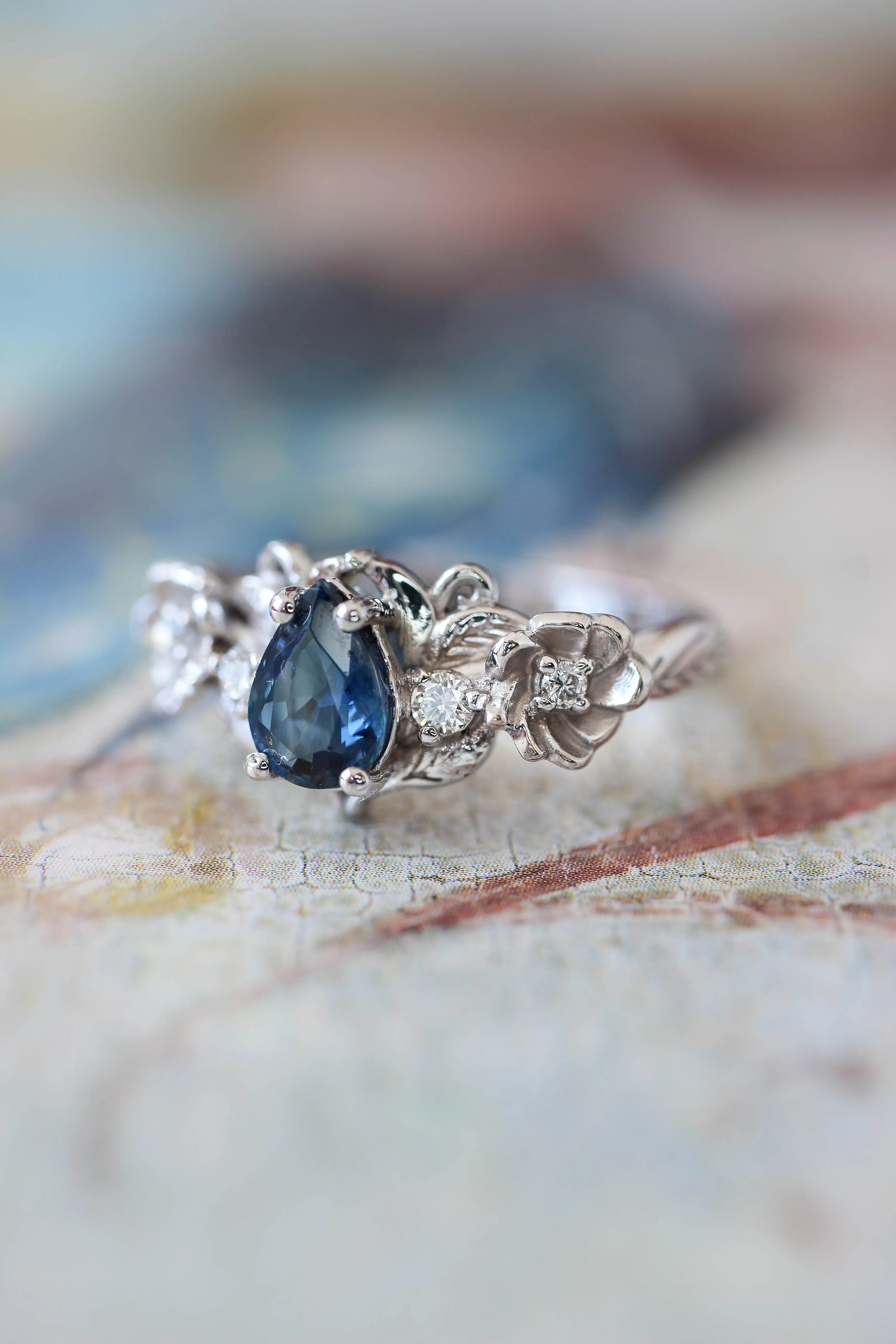 Sapphire and diamonds ring, flower engagement ring / Adelina