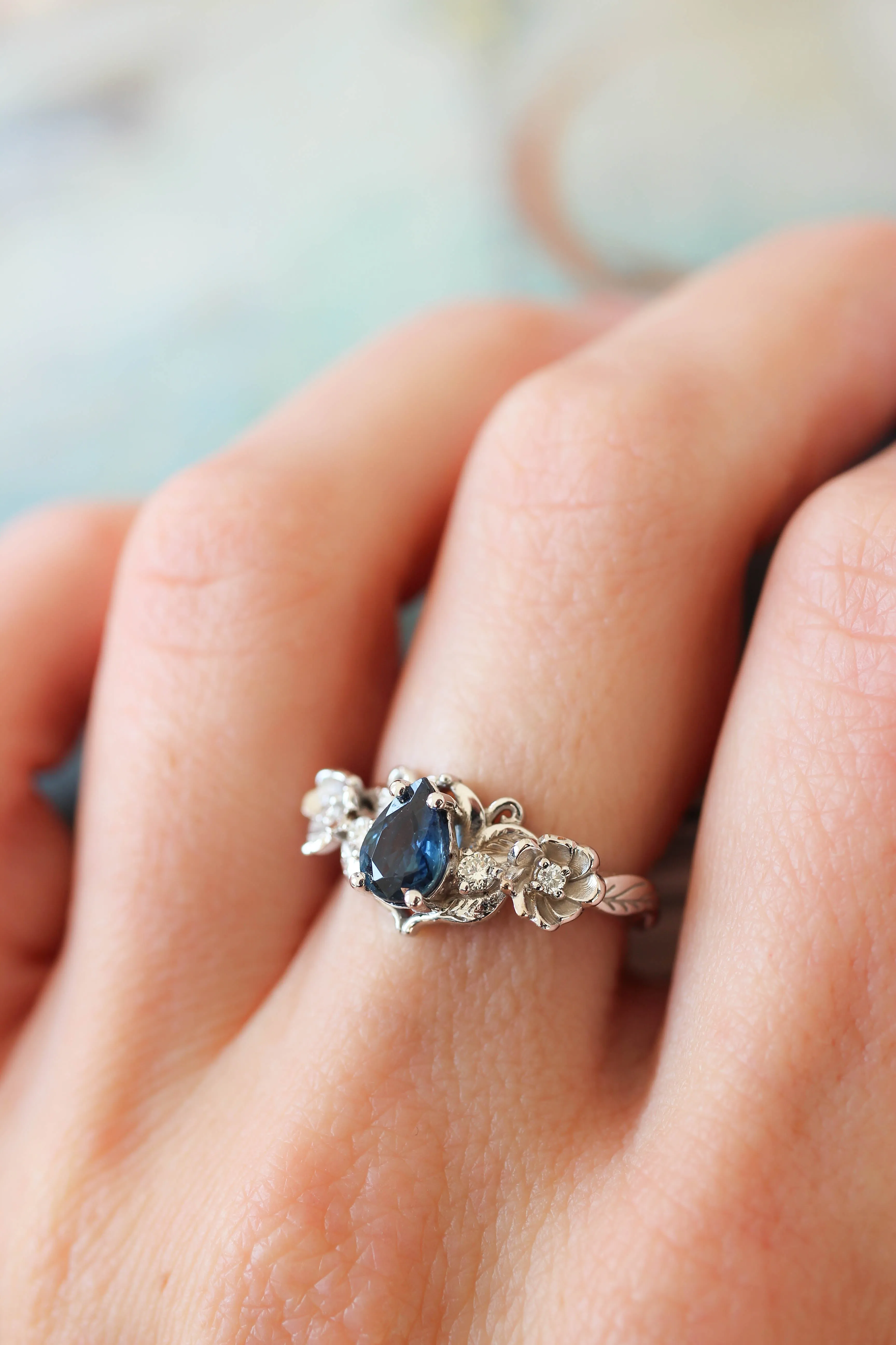 Sapphire and diamonds ring, flower engagement ring / Adelina