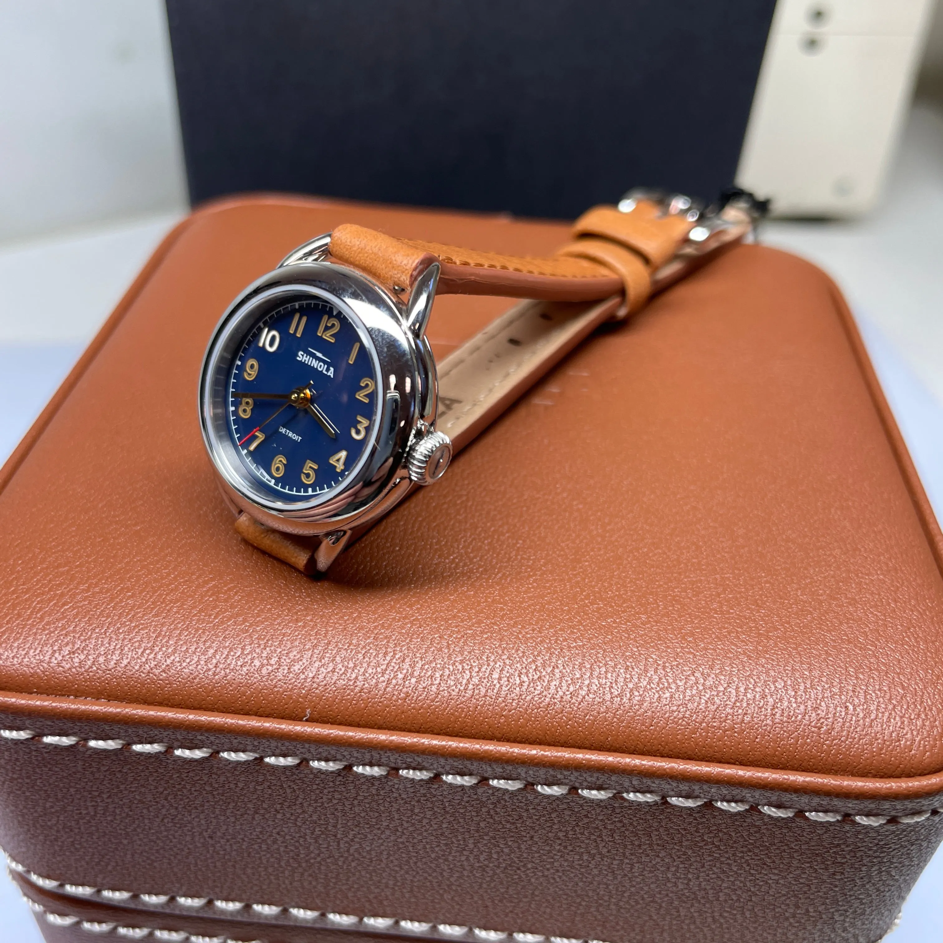 Shinola Runabout Mini 25mm Navy Blue Watch Bourbon Strap S0120273246