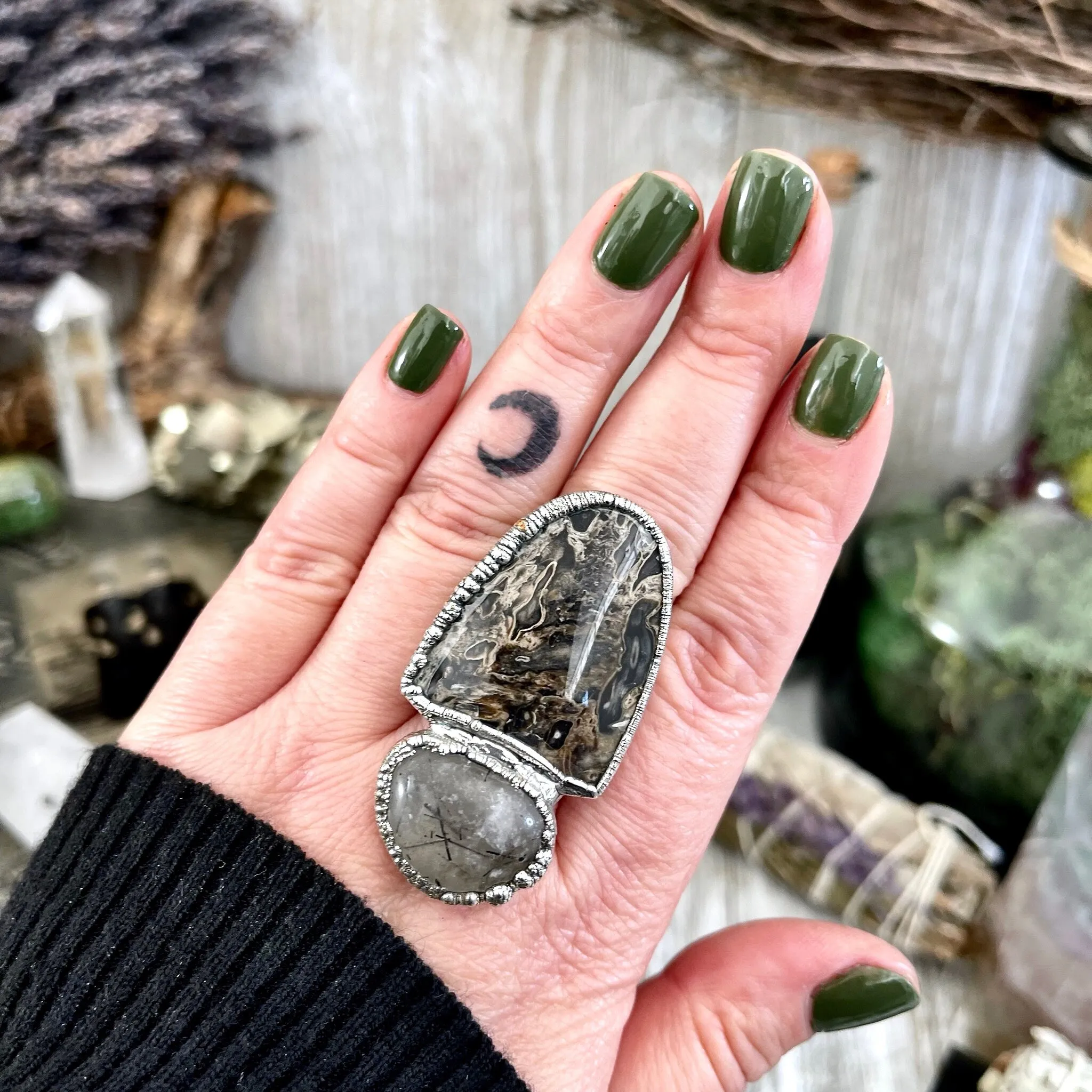 Size 10 Two Stone Ring- Palm Root Tourmaline Quartz Crystal Ring Fine Silver / Foxlark Collection - One of a Kind