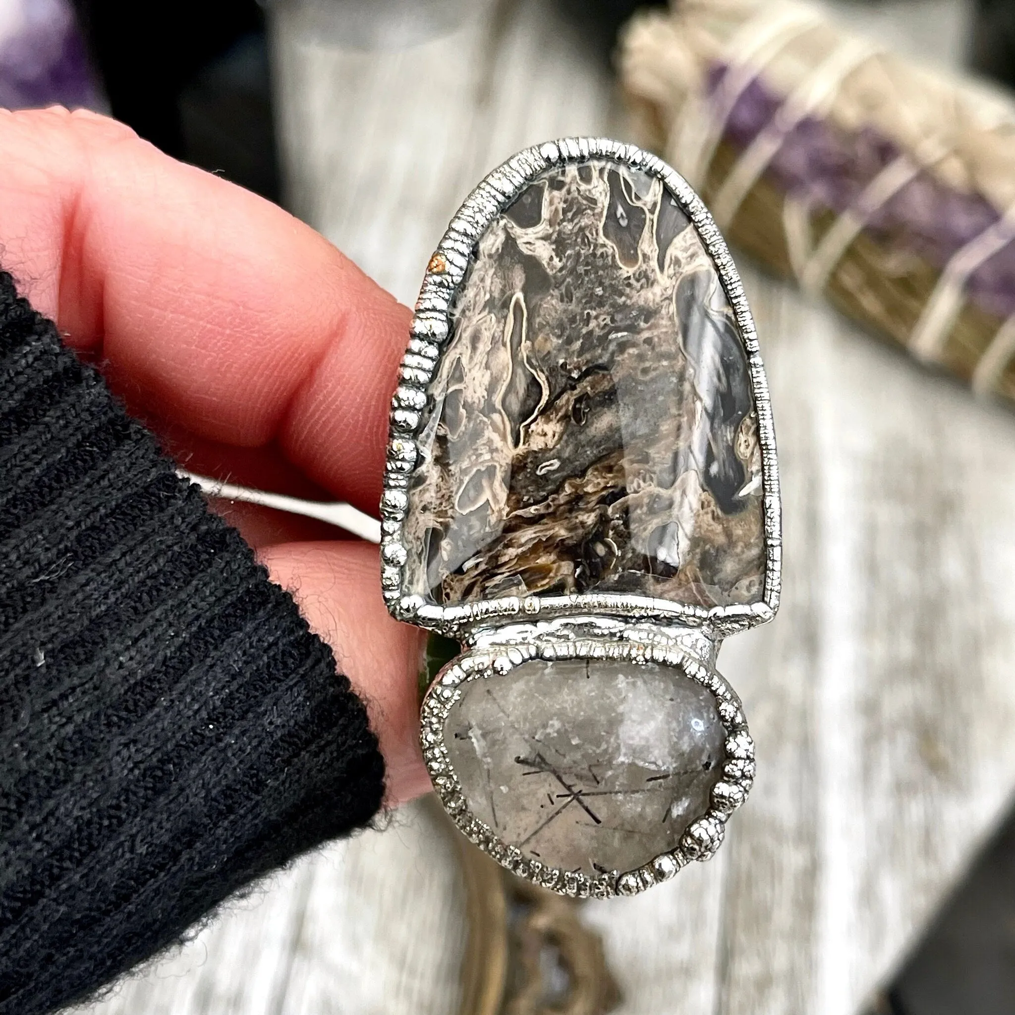 Size 10 Two Stone Ring- Palm Root Tourmaline Quartz Crystal Ring Fine Silver / Foxlark Collection - One of a Kind