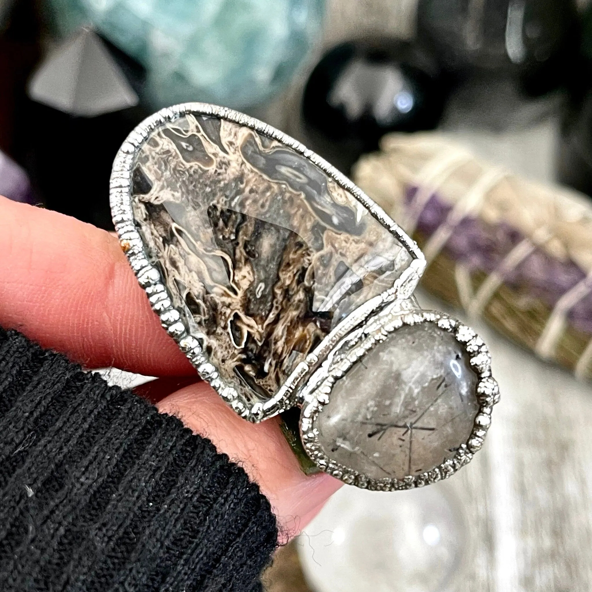 Size 10 Two Stone Ring- Palm Root Tourmaline Quartz Crystal Ring Fine Silver / Foxlark Collection - One of a Kind