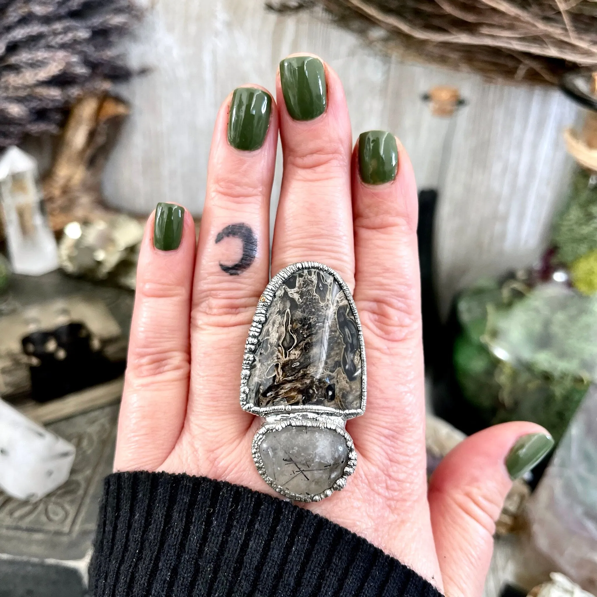 Size 10 Two Stone Ring- Palm Root Tourmaline Quartz Crystal Ring Fine Silver / Foxlark Collection - One of a Kind