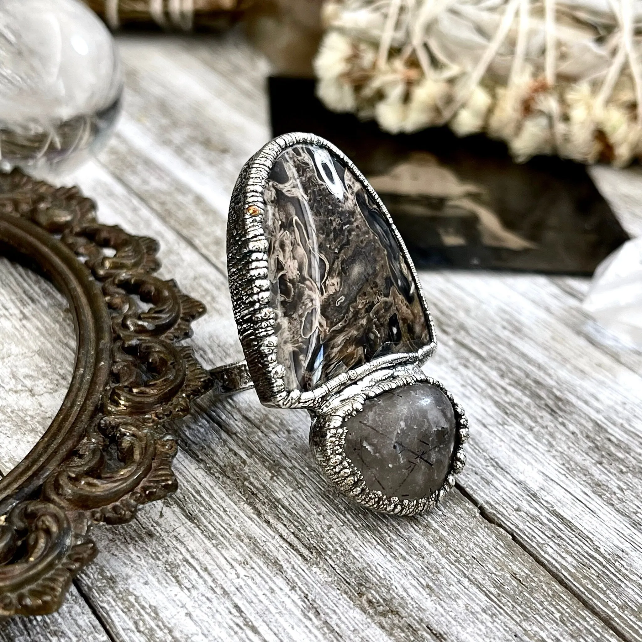 Size 10 Two Stone Ring- Palm Root Tourmaline Quartz Crystal Ring Fine Silver / Foxlark Collection - One of a Kind