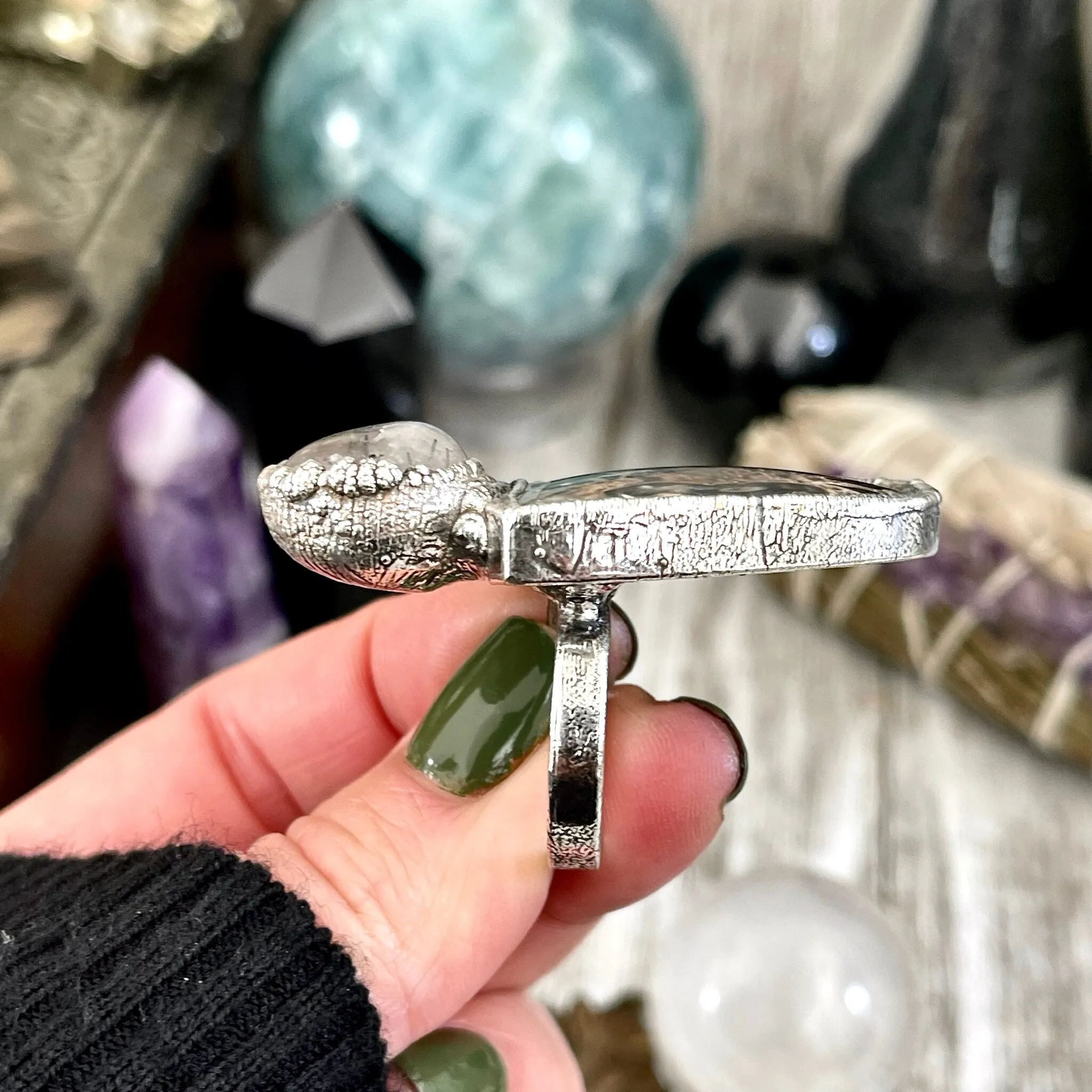 Size 10 Two Stone Ring- Palm Root Tourmaline Quartz Crystal Ring Fine Silver / Foxlark Collection - One of a Kind