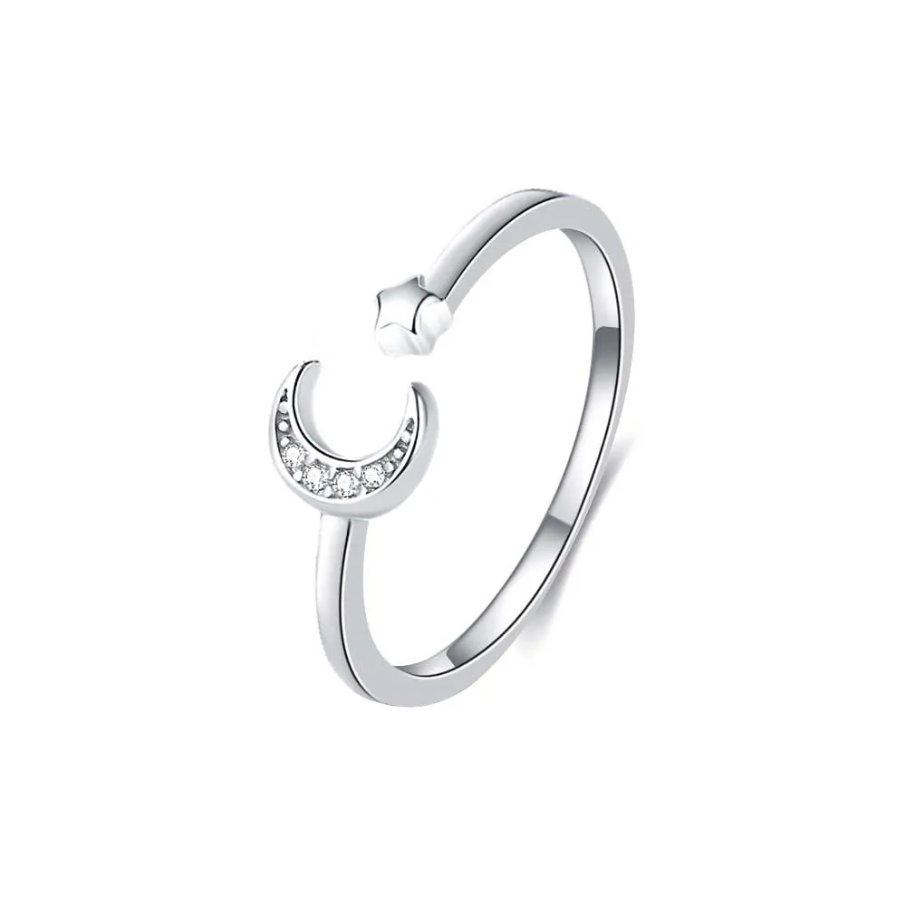 Sterling Silver Crescent Adjustable Moon and Star Ring