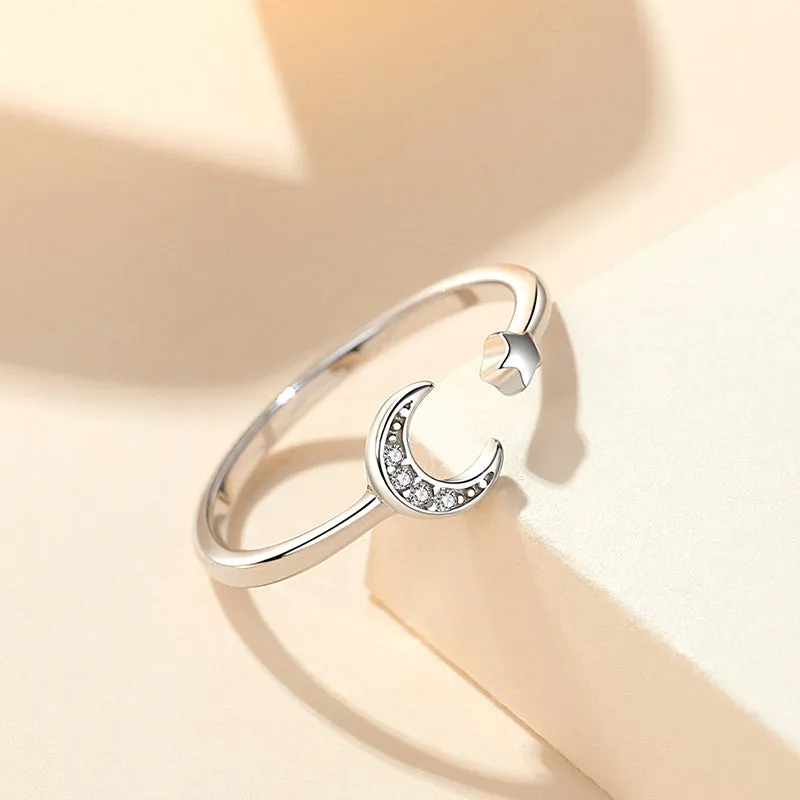 Sterling Silver Crescent Adjustable Moon and Star Ring