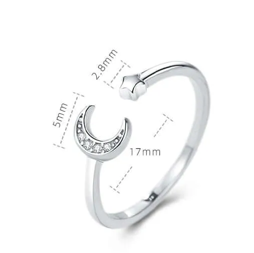 Sterling Silver Crescent Adjustable Moon and Star Ring