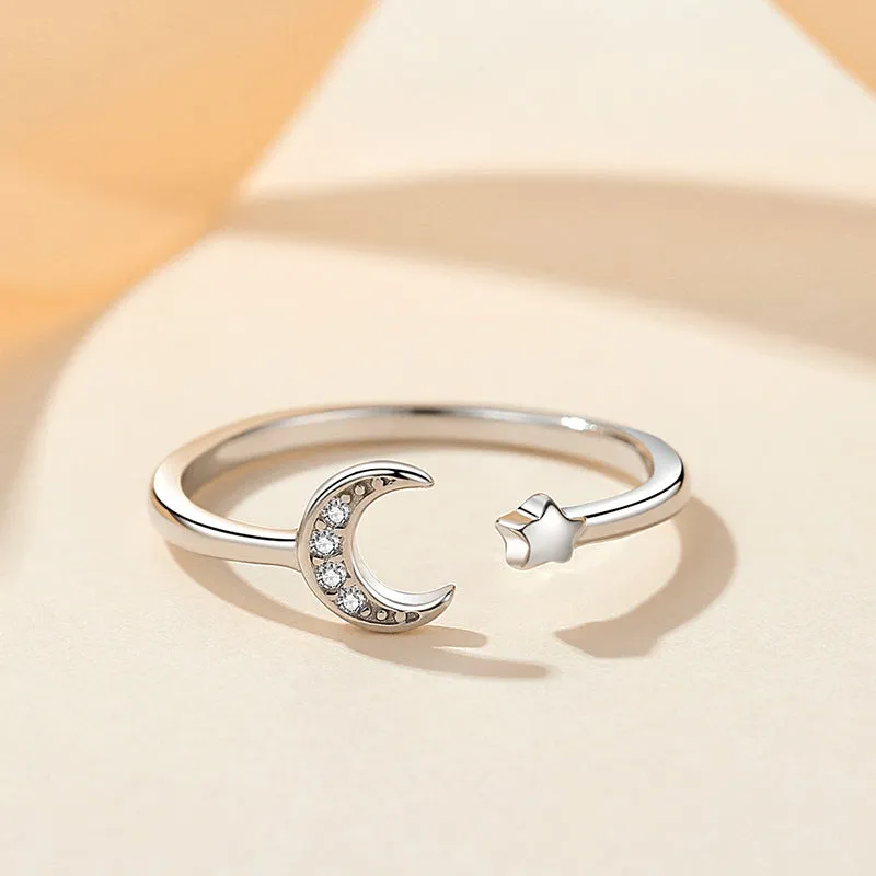 Sterling Silver Crescent Adjustable Moon and Star Ring