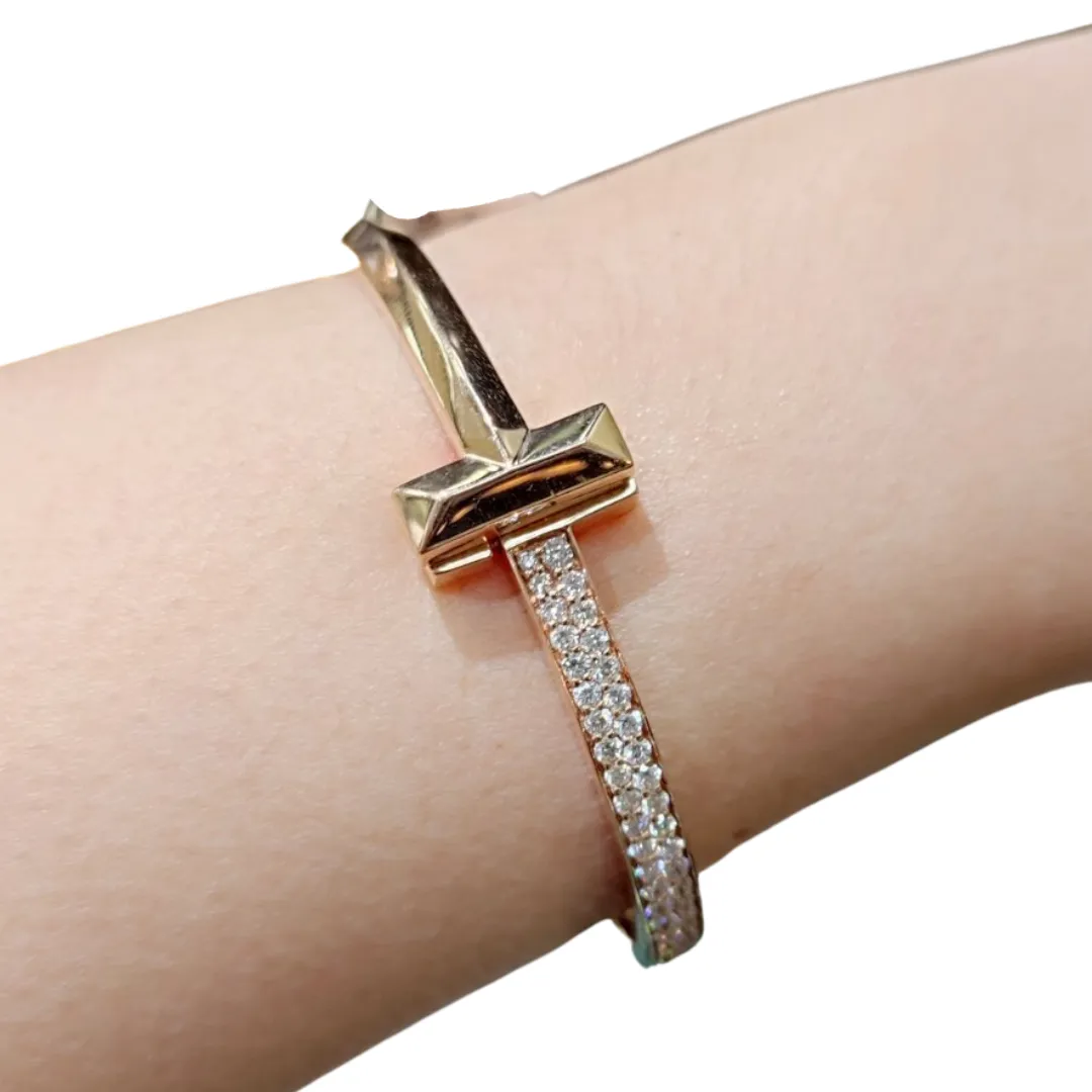 T Studded Diamond Bangle 18K Gold