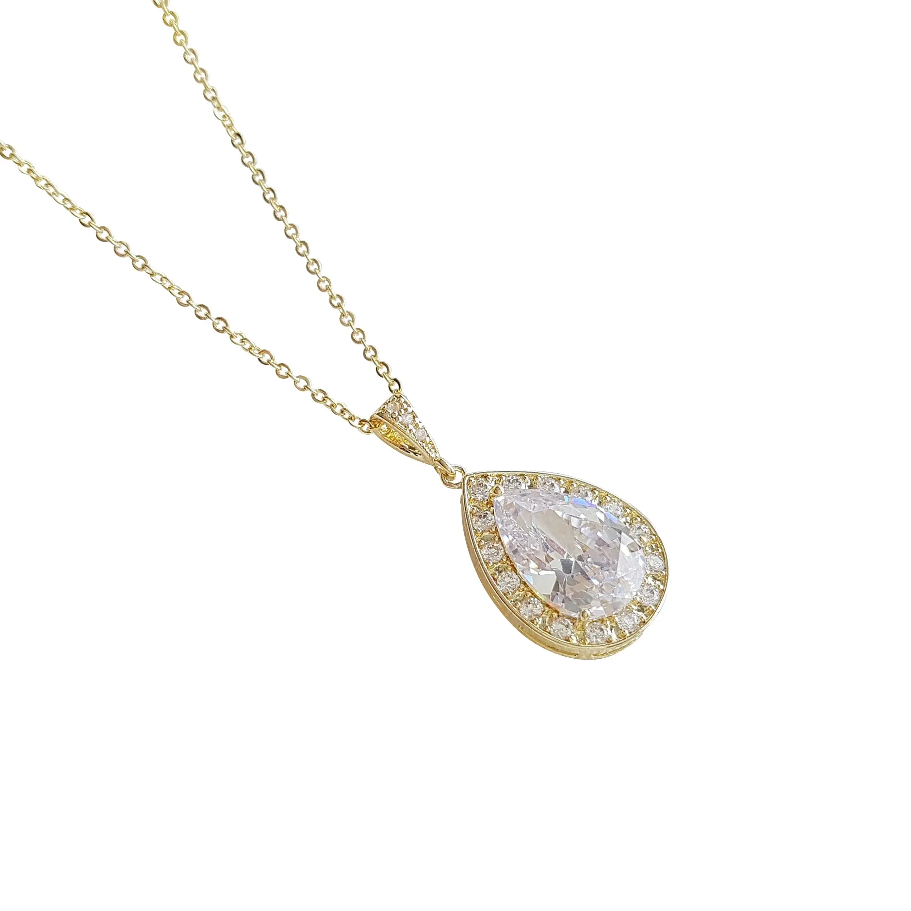 Teardrop Necklace in 14K Gold & Cubic Zirconia for Brides & Bridesmaids-Evelyn