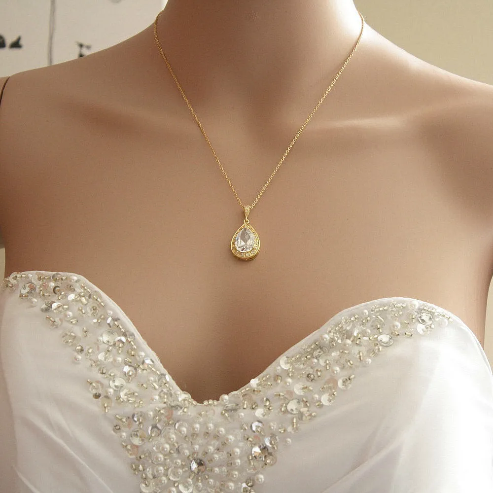 Teardrop Necklace in 14K Gold & Cubic Zirconia for Brides & Bridesmaids-Evelyn