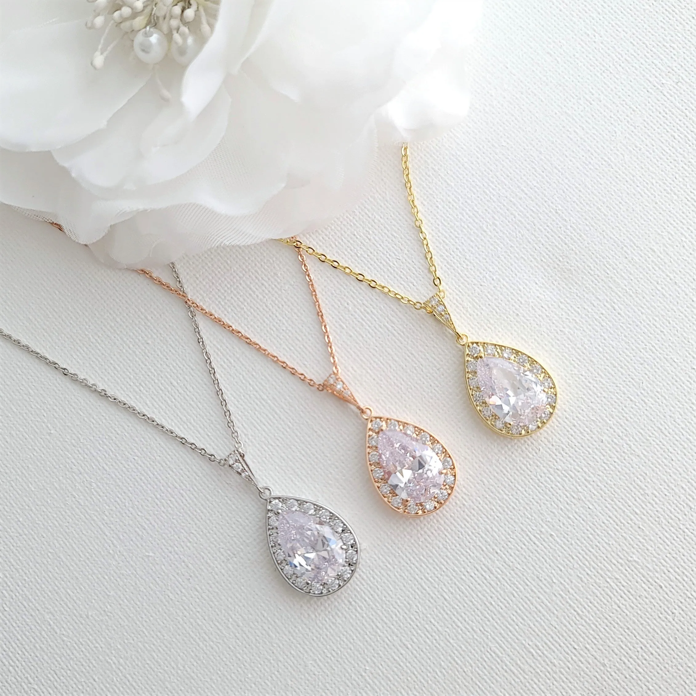 Teardrop Necklace in 14K Gold & Cubic Zirconia for Brides & Bridesmaids-Evelyn