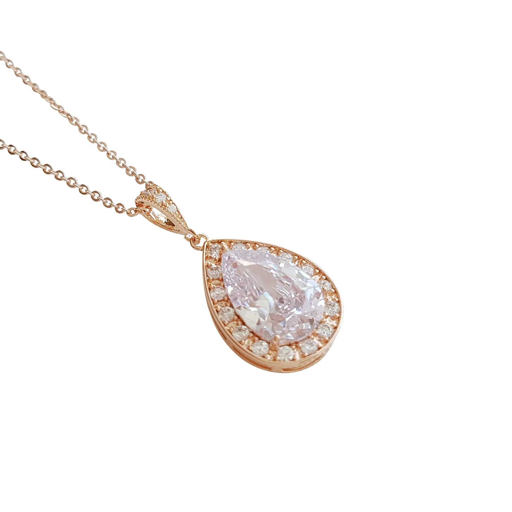 Teardrop Necklace in 14K Gold & Cubic Zirconia for Brides & Bridesmaids-Evelyn