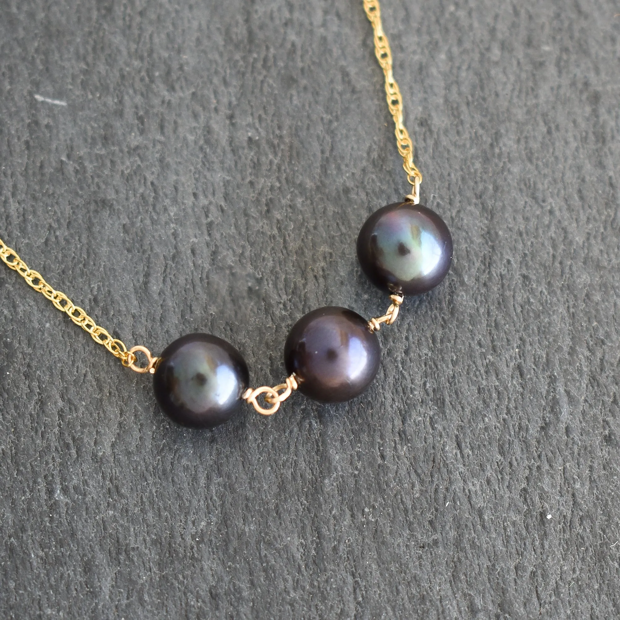 Three Black Pearl Station Necklace