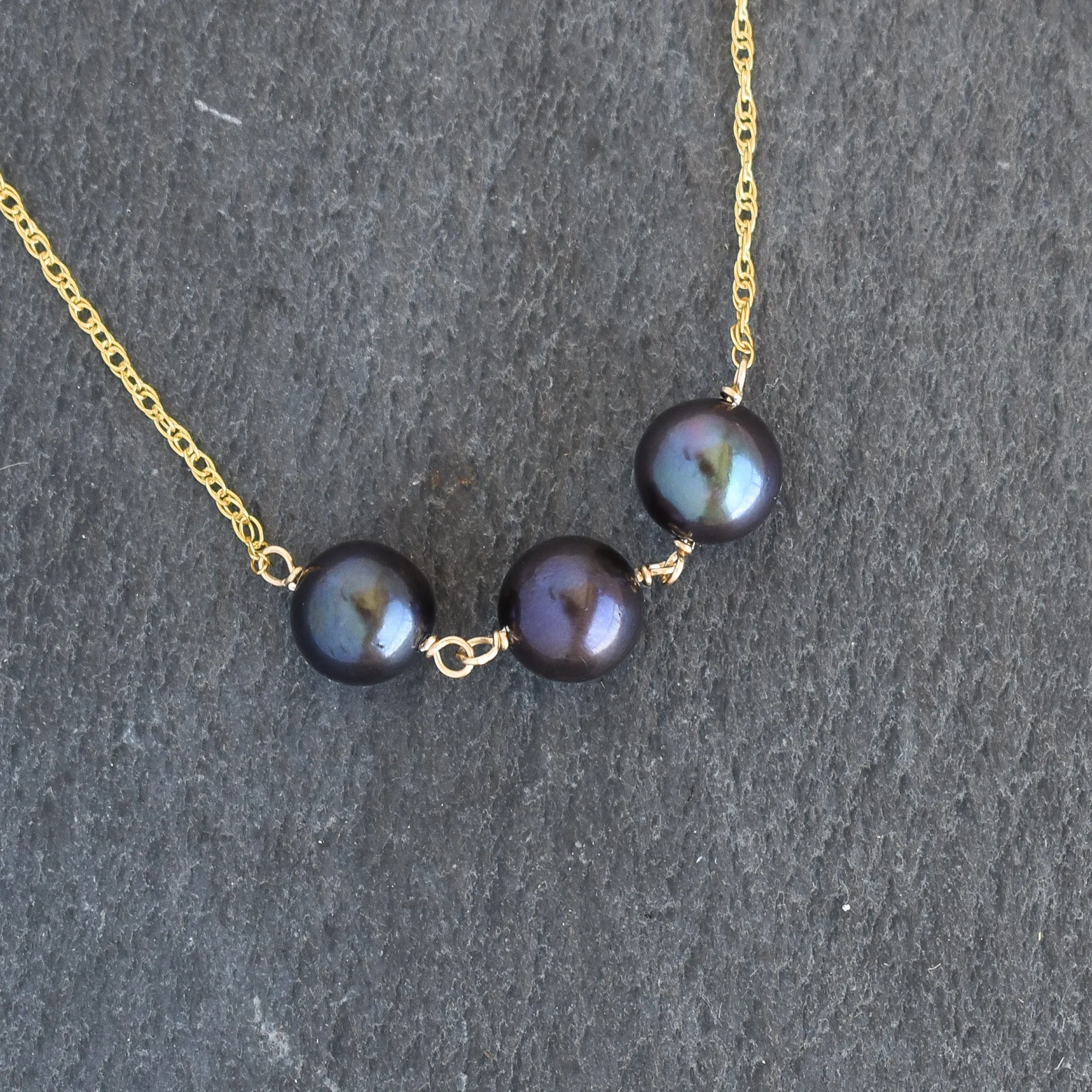 Three Black Pearl Station Necklace