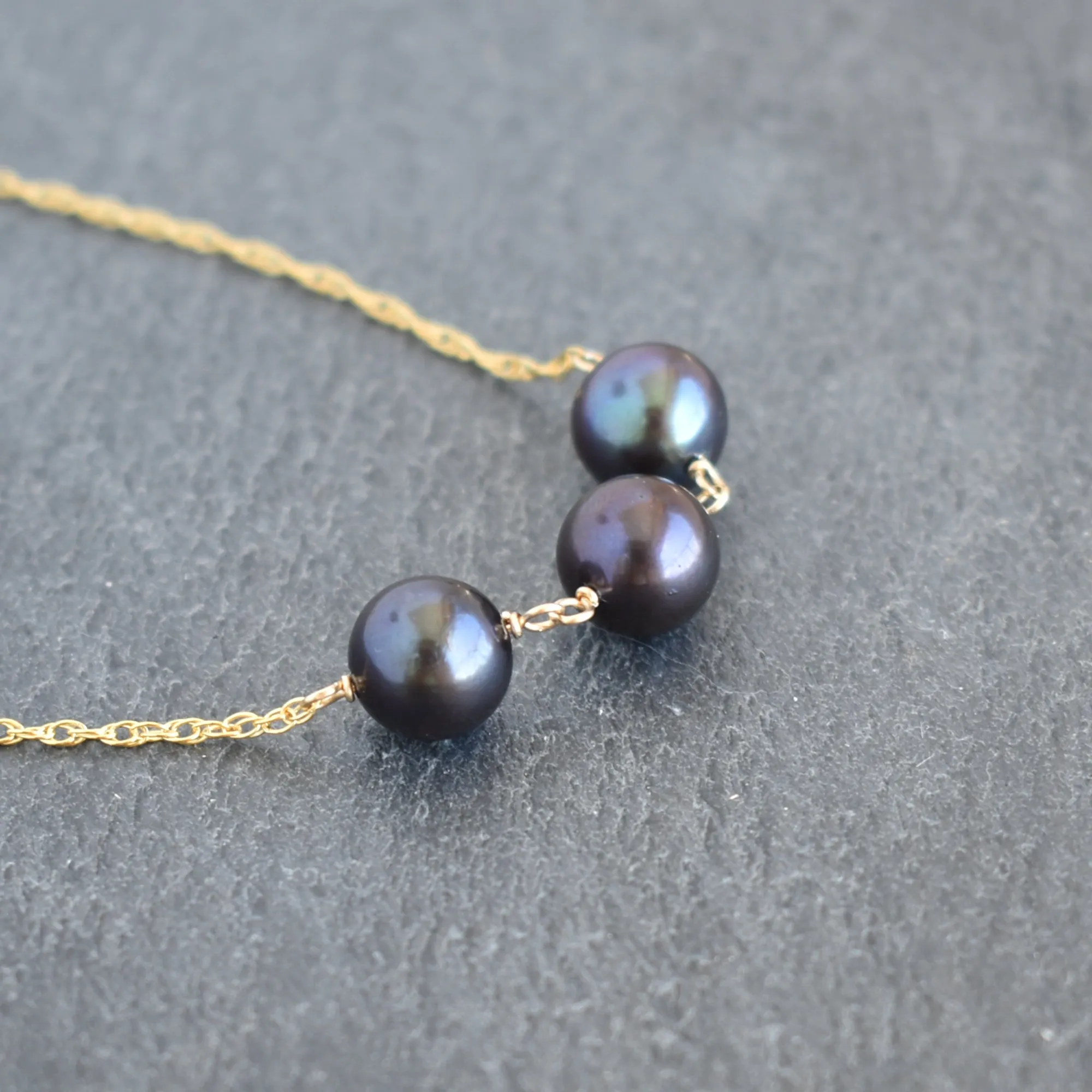 Three Black Pearl Station Necklace