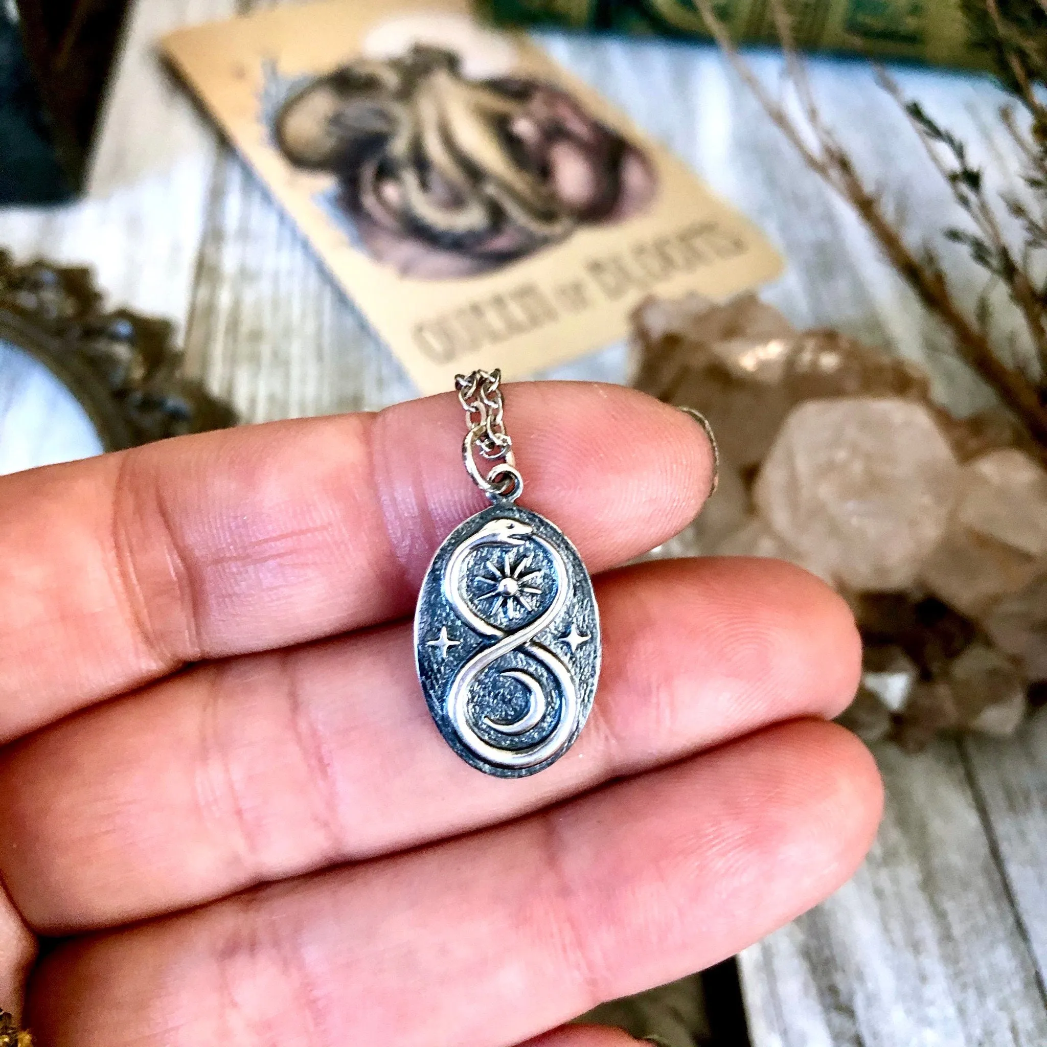 Tiny Talisman Collection - Sterling Silver Infinity Snake Pendant with Sun and Moon 22x13mm  /