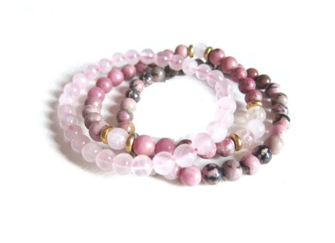 Unconditional Love Rose Quartz Pink Rhodonite & Hematite Bracelet Set