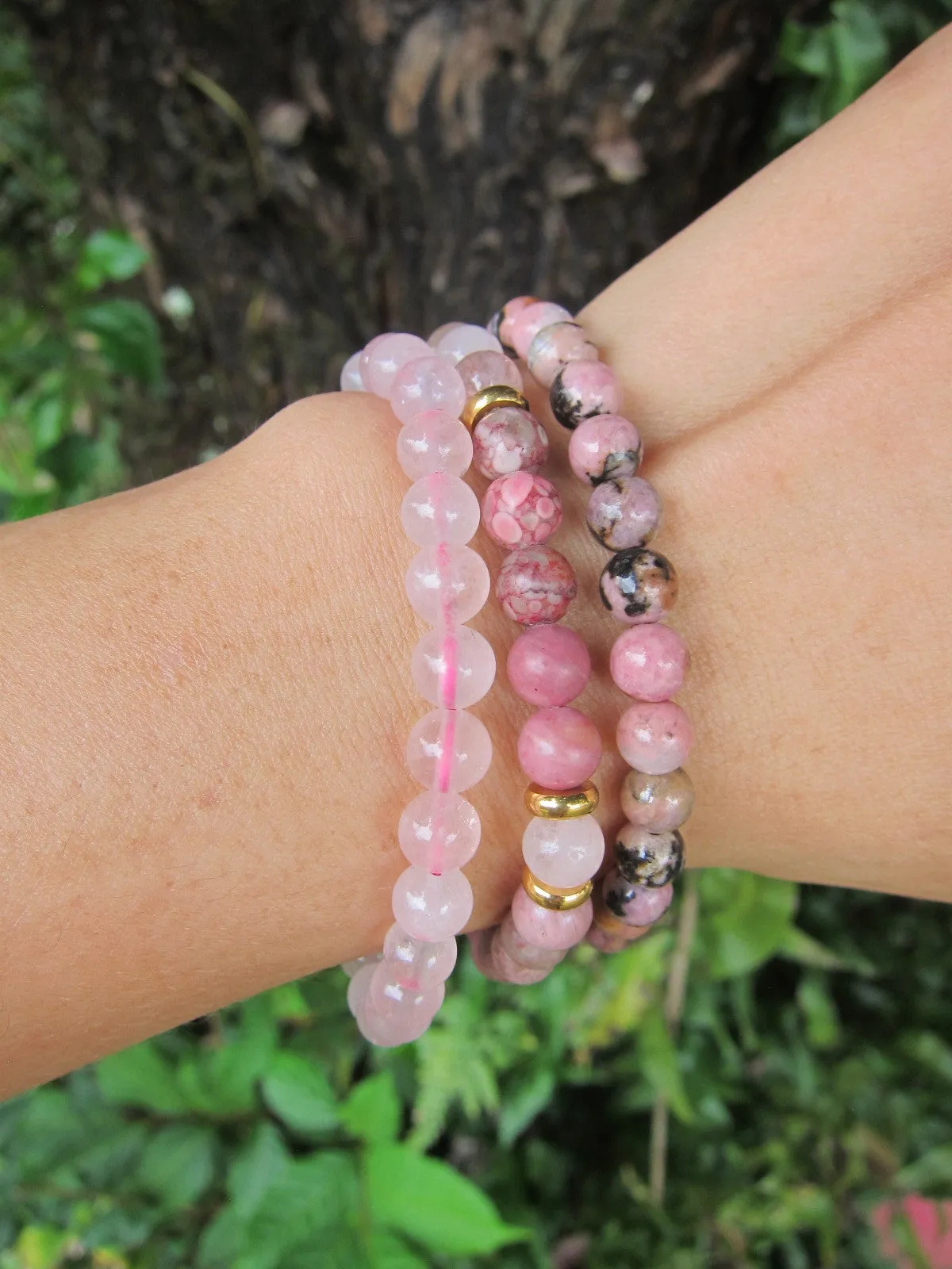 Unconditional Love Rose Quartz Pink Rhodonite & Hematite Bracelet Set