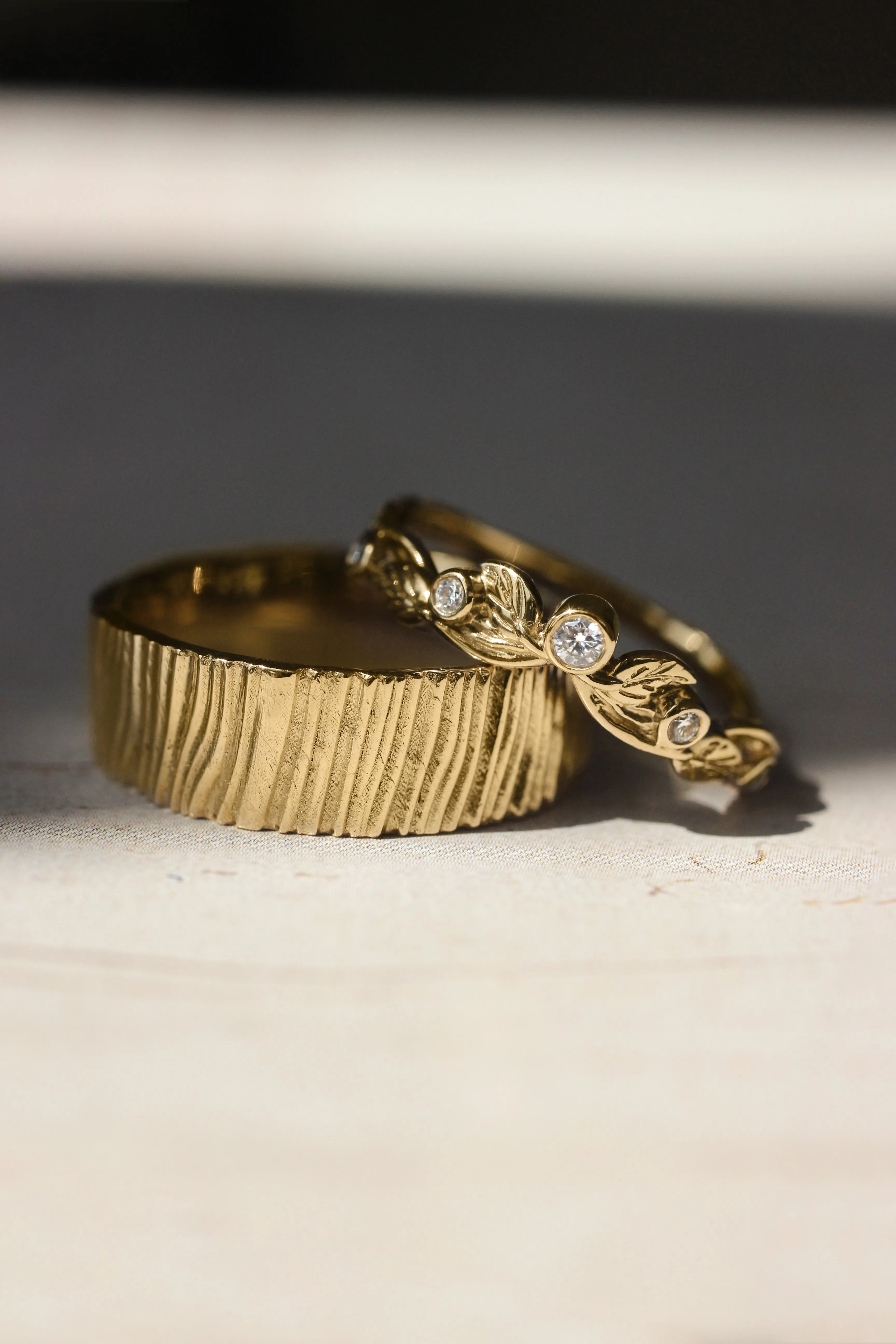 Wedding bands set for couple: bark ring for him, wreath ring for her