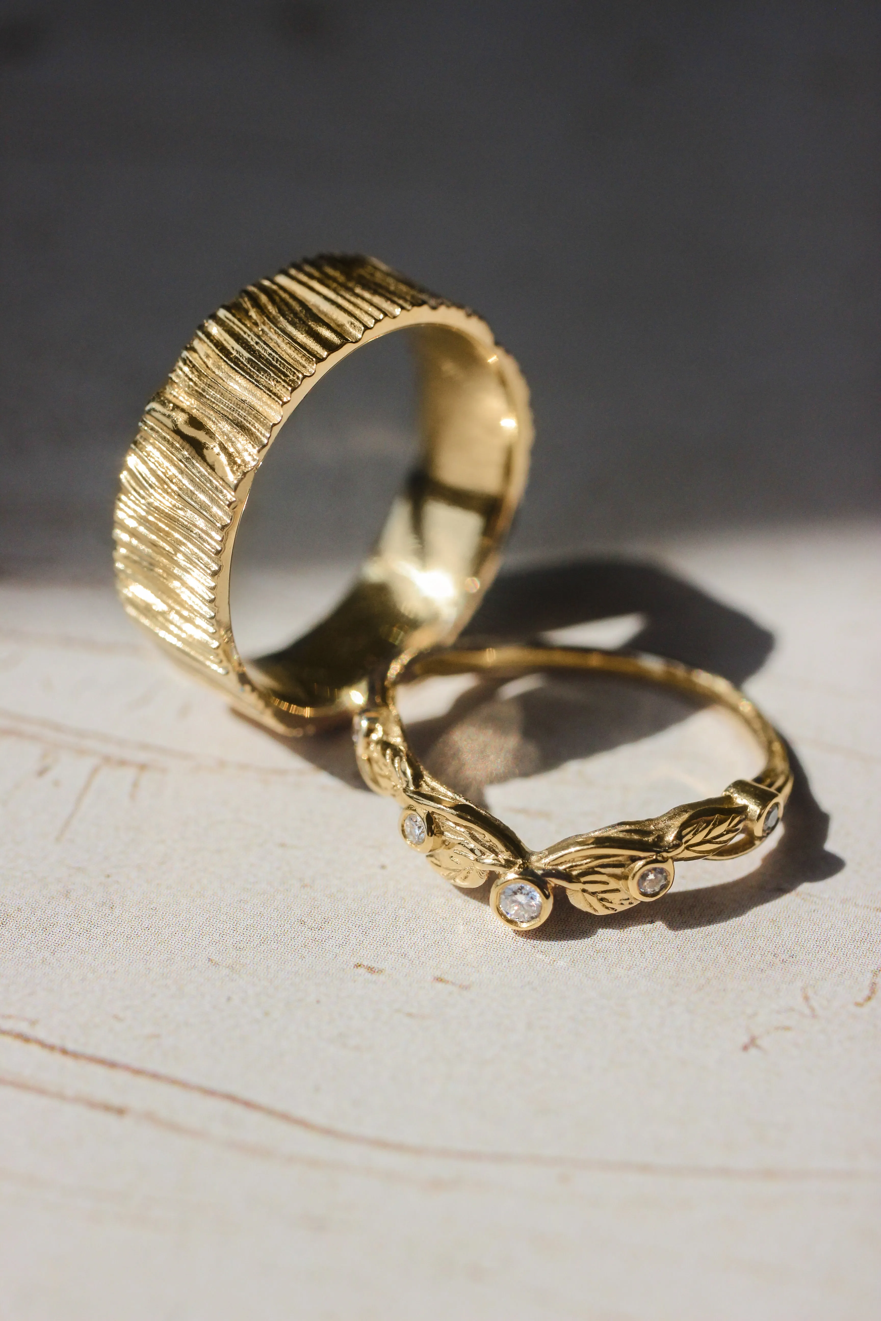 Wedding bands set for couple: bark ring for him, wreath ring for her