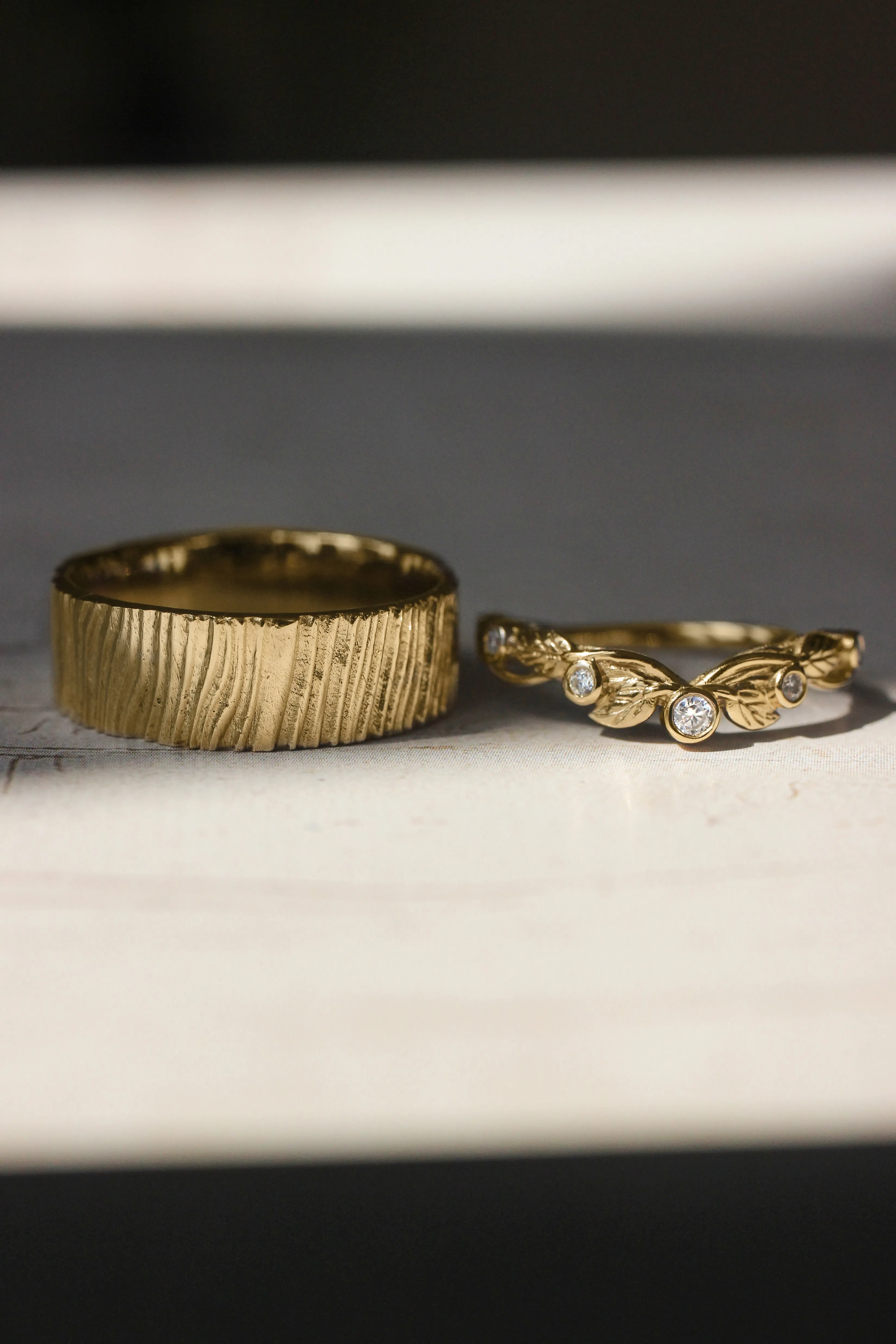 Wedding bands set for couple: bark ring for him, wreath ring for her