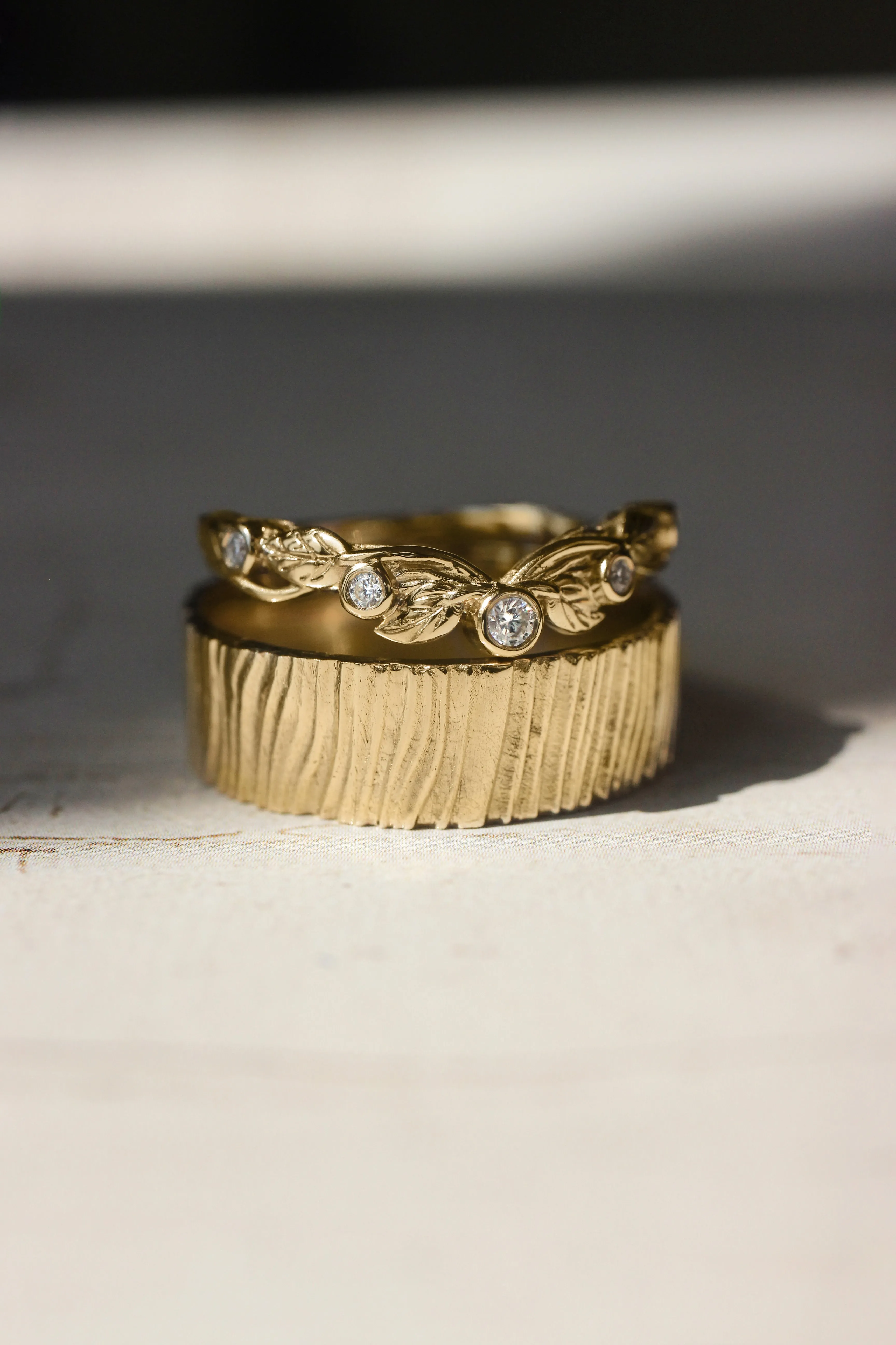 Wedding bands set for couple: bark ring for him, wreath ring for her