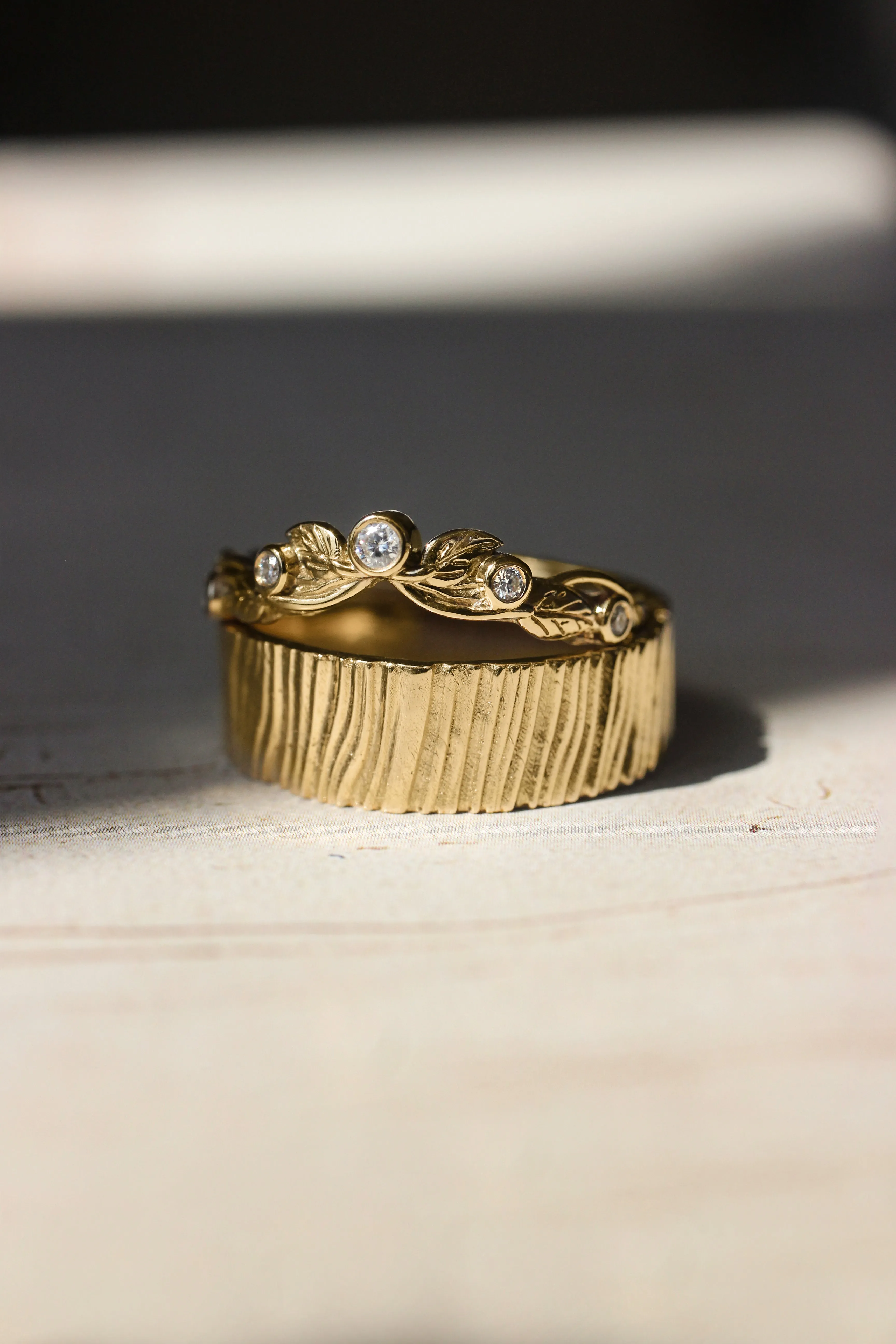 Wedding bands set for couple: bark ring for him, wreath ring for her