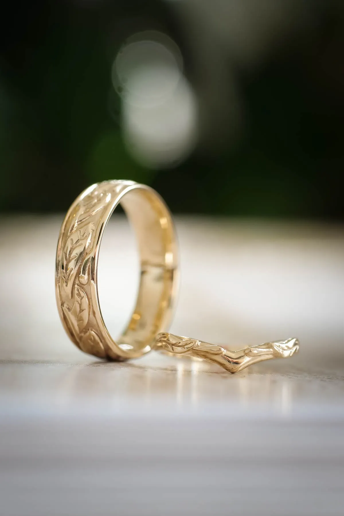 Wedding bands set for couple: leaf wedding band for him, Wisteria ring set with lab sapphire for her