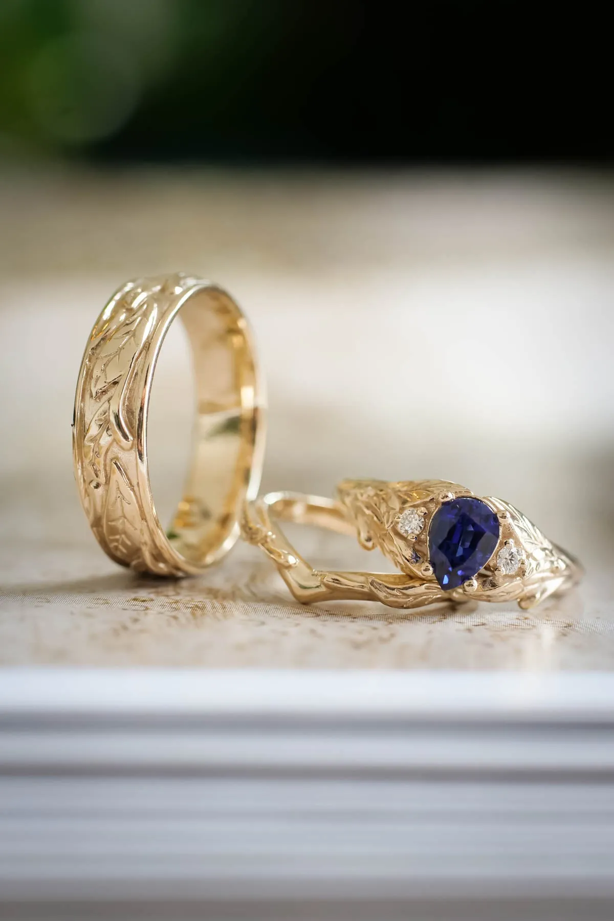 Wedding bands set for couple: leaf wedding band for him, Wisteria ring set with lab sapphire for her