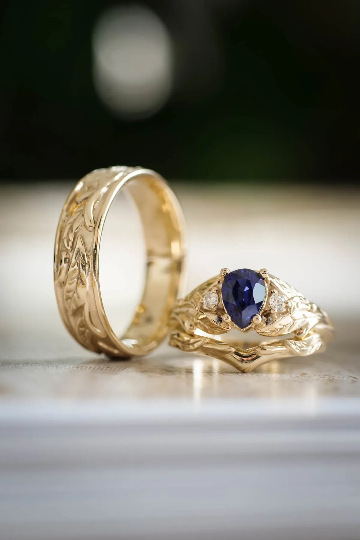 Wedding bands set for couple: leaf wedding band for him, Wisteria ring set with lab sapphire for her