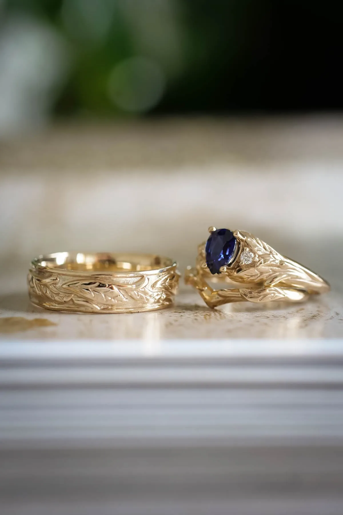 Wedding bands set for couple: leaf wedding band for him, Wisteria ring set with lab sapphire for her