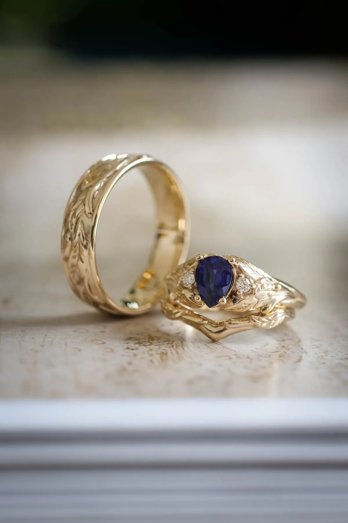 Wedding bands set for couple: leaf wedding band for him, Wisteria ring set with lab sapphire for her