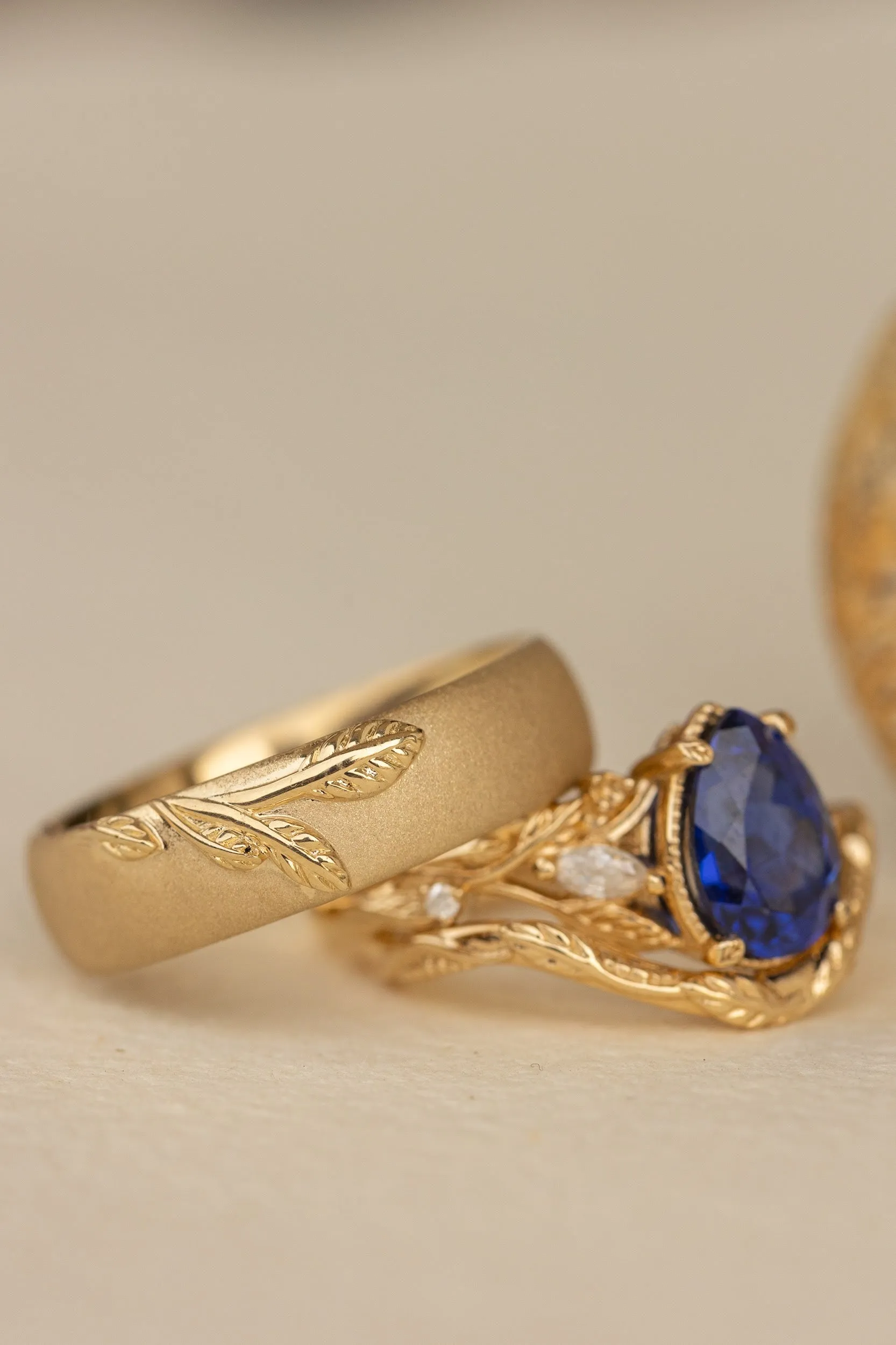 Wedding rings set for couple: satin wedding band for him, Patricia ring set with lab blue sapphire for her