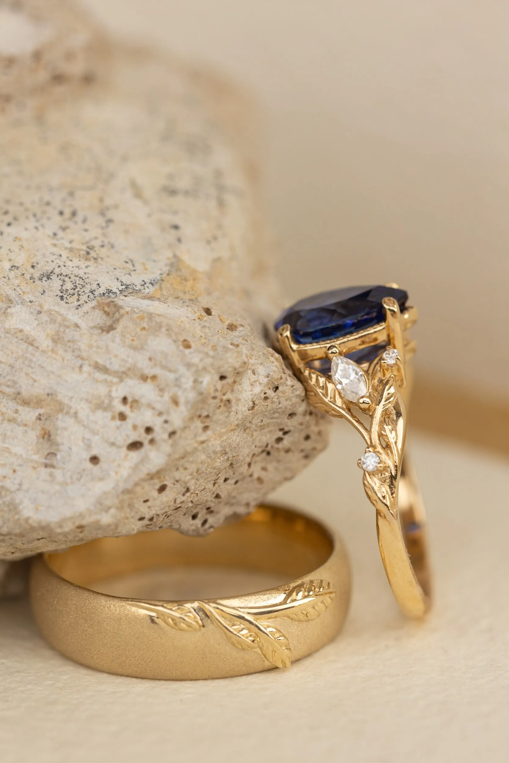 Wedding rings set for couple: satin wedding band for him, Patricia ring set with lab blue sapphire for her