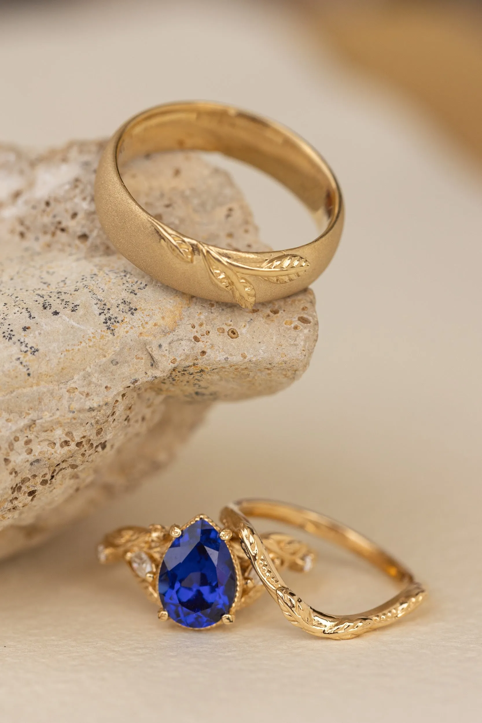 Wedding rings set for couple: satin wedding band for him, Patricia ring set with lab blue sapphire for her