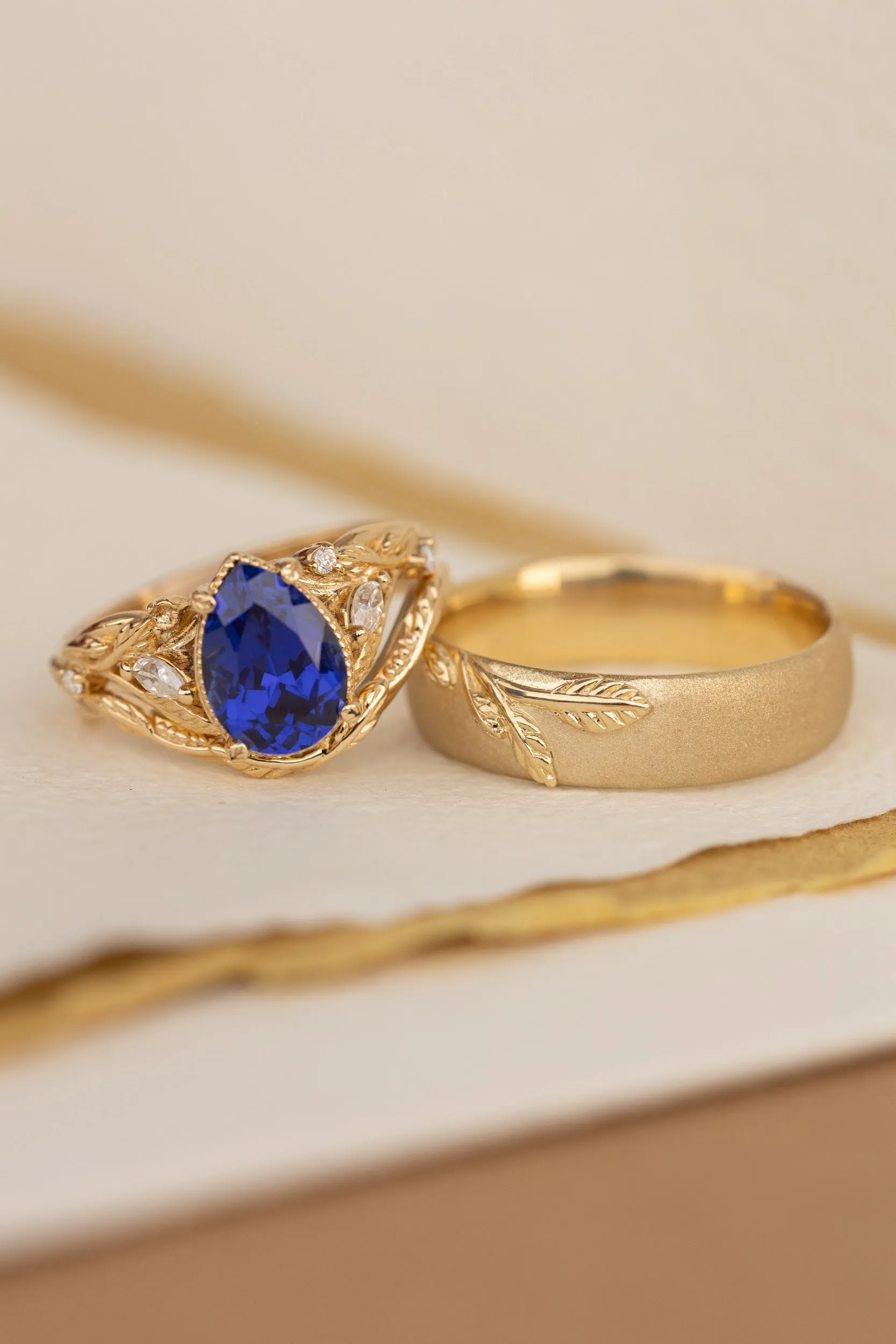 Wedding rings set for couple: satin wedding band for him, Patricia ring set with lab blue sapphire for her