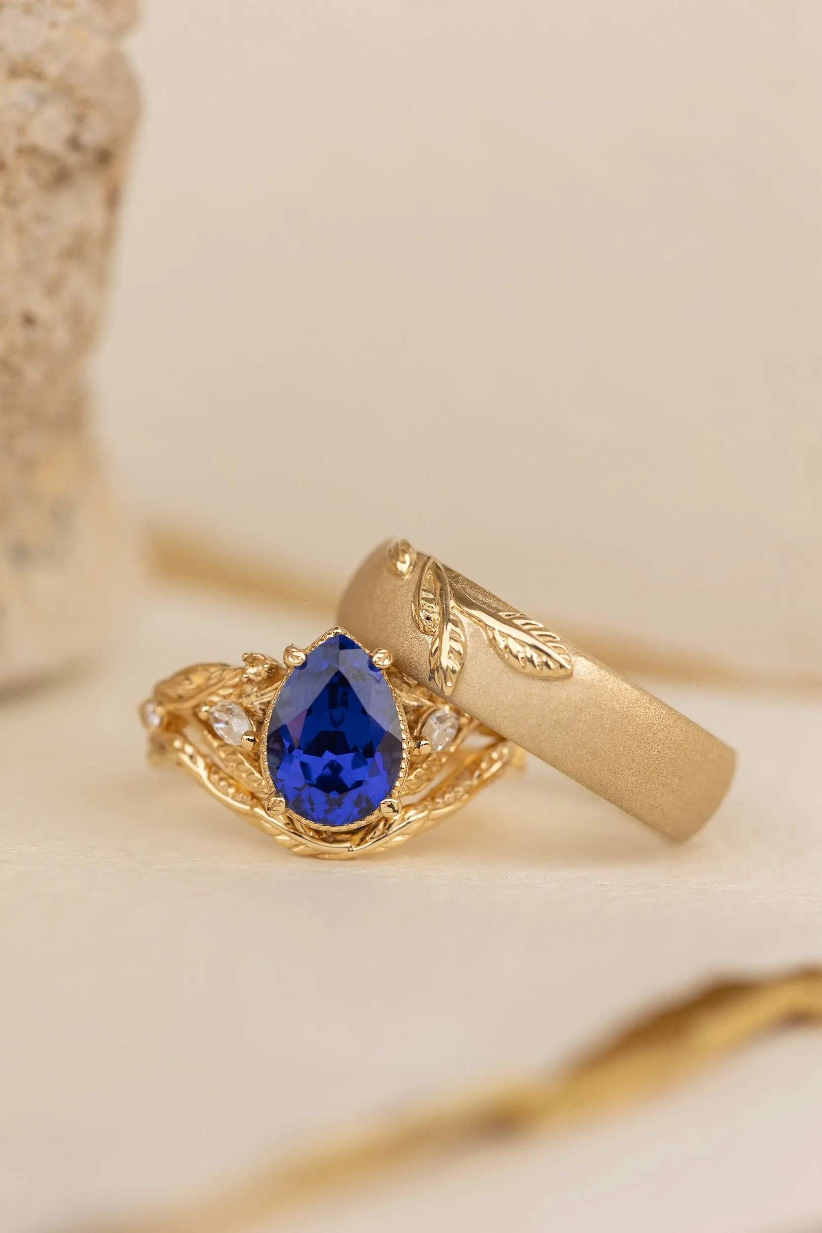 Wedding rings set for couple: satin wedding band for him, Patricia ring set with lab blue sapphire for her