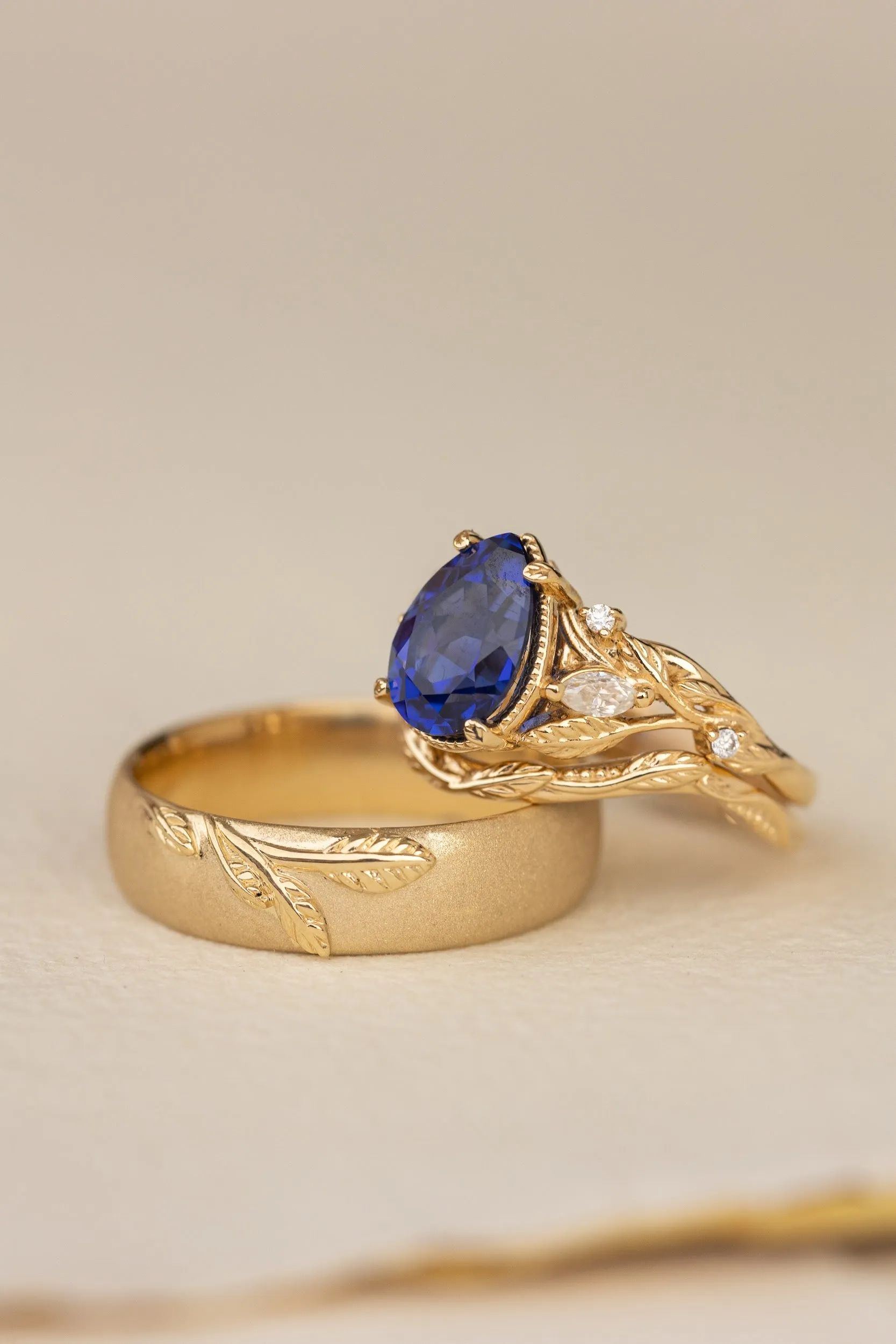 Wedding rings set for couple: satin wedding band for him, Patricia ring set with lab blue sapphire for her