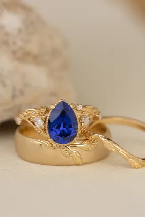 Wedding rings set for couple: satin wedding band for him, Patricia ring set with lab blue sapphire for her