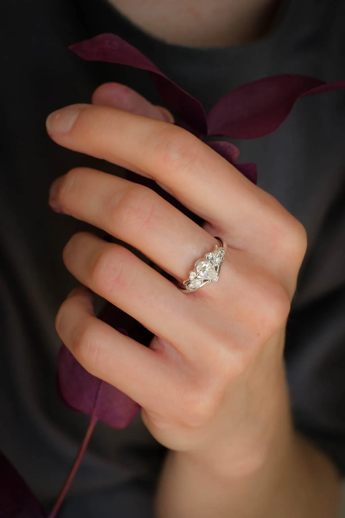 White sapphire gold engagement ring set, nature themed promise ring / Swanlake