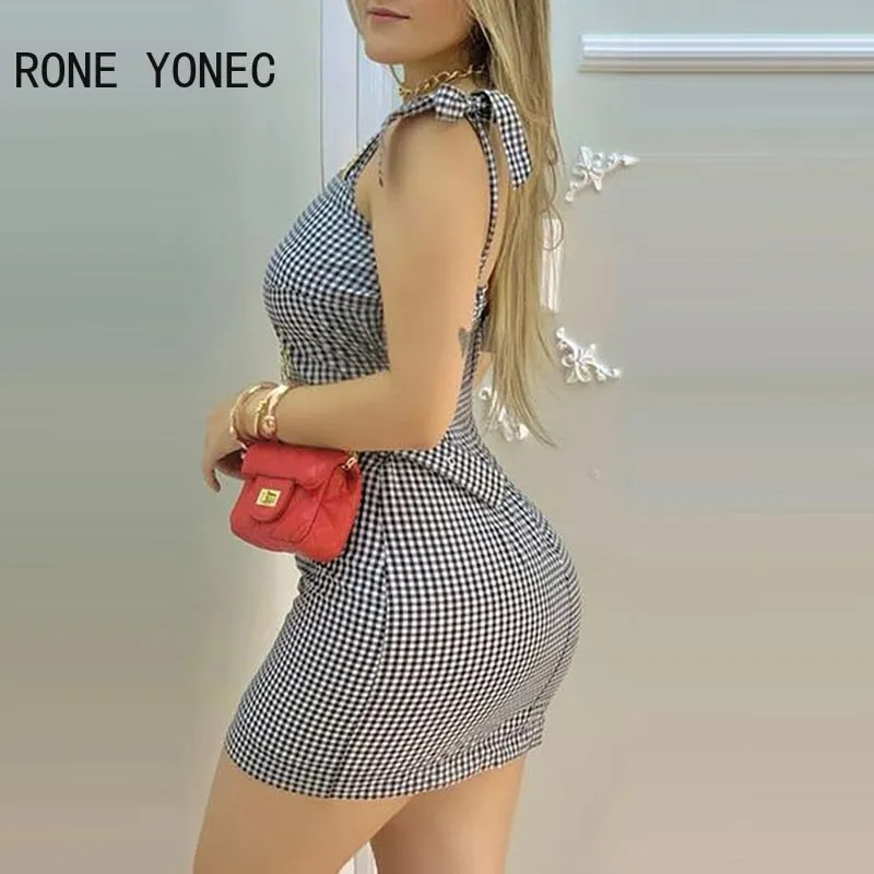 Women Elegant Dress Tied Shoulder Plaid Mini Dress With Waist Belt  Casual Dress Summer Dress